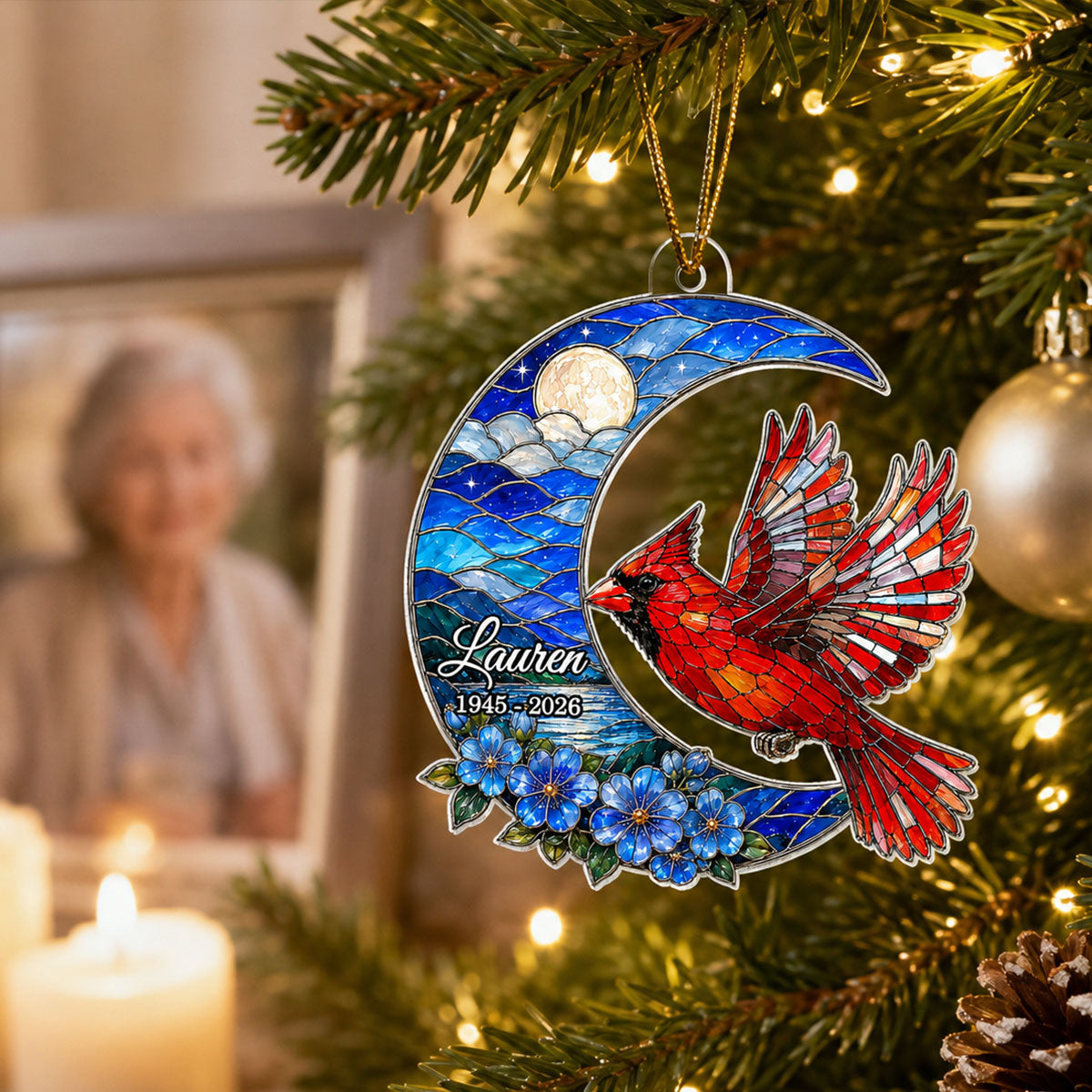 Cardinal Beneath the Blue Moon - Personalized Acrylic Ornament - Memorial Sympathy Gift