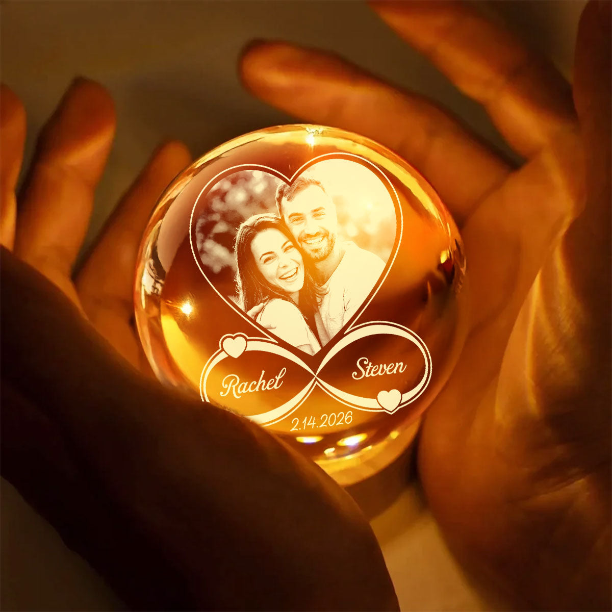 Eternal Love Custom Couple Photo Inside Infinity Heart - Personalized Crystal Ball LED Night Light - Valentine's Day Gift For Couple, For Her, For Him