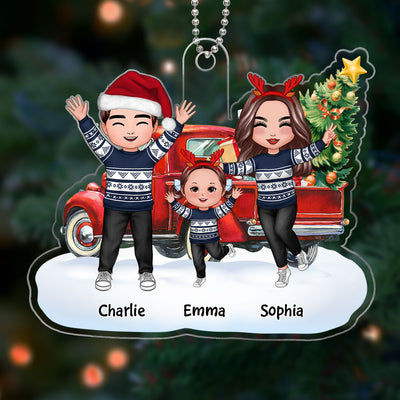 Happy Doll Family Dad Mom Kids Dogs Cats & Christmas Truck Personalized Acrylic Ornament