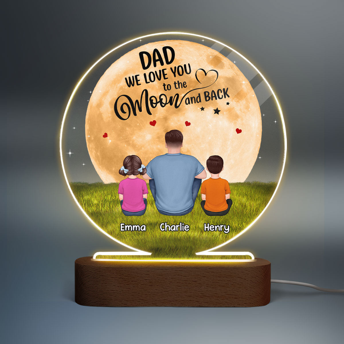 Dad We Love You To The Moon And Back Back View Man Sitting With Kids Dogs Cats Personalized Circle Acrylic Plaque LED Night Light
