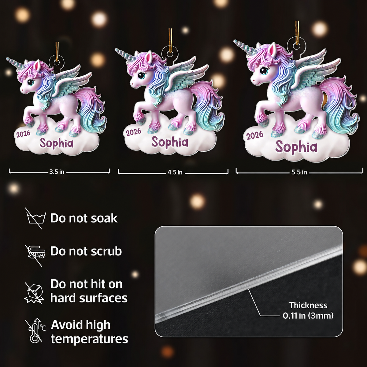 Magical Unicorn 3D Effect Baby's First Christmas Personalized Acrylic Flat Ornament