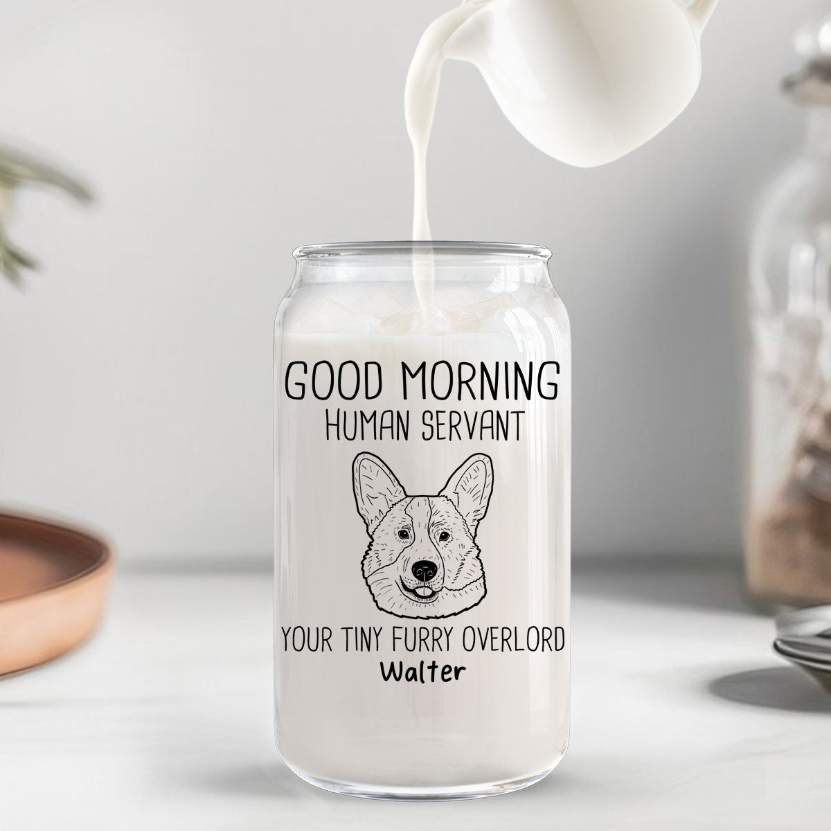 Good Morning Human Servant Dog Head Outline Gift For Dog Lover Personalized Clear Glass Can