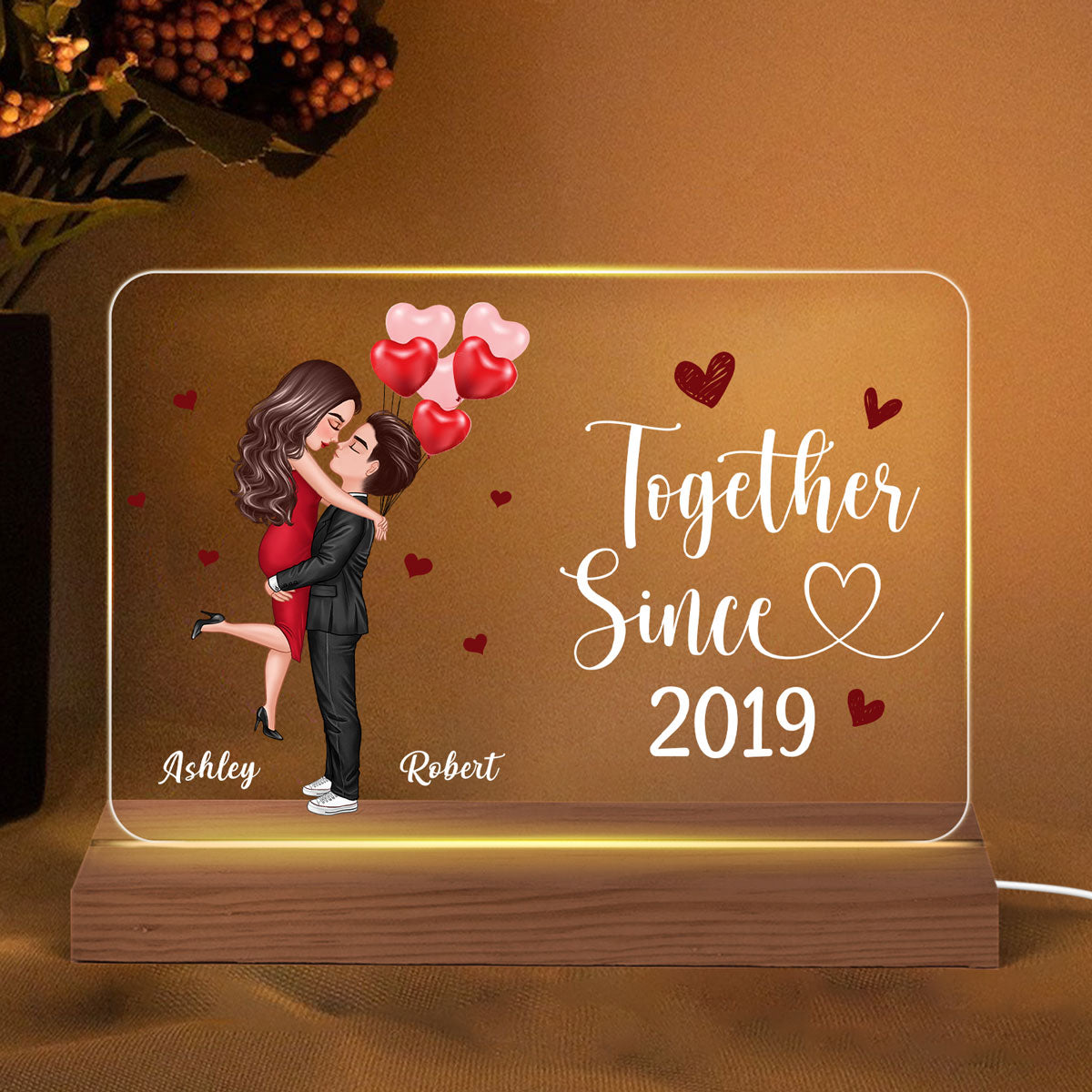 Doll Couple Hugging Kissing Gift For Him Gift For Her Personalized Custom Shape Horizontal Rectangle Acrylic Plaque LED Night Light