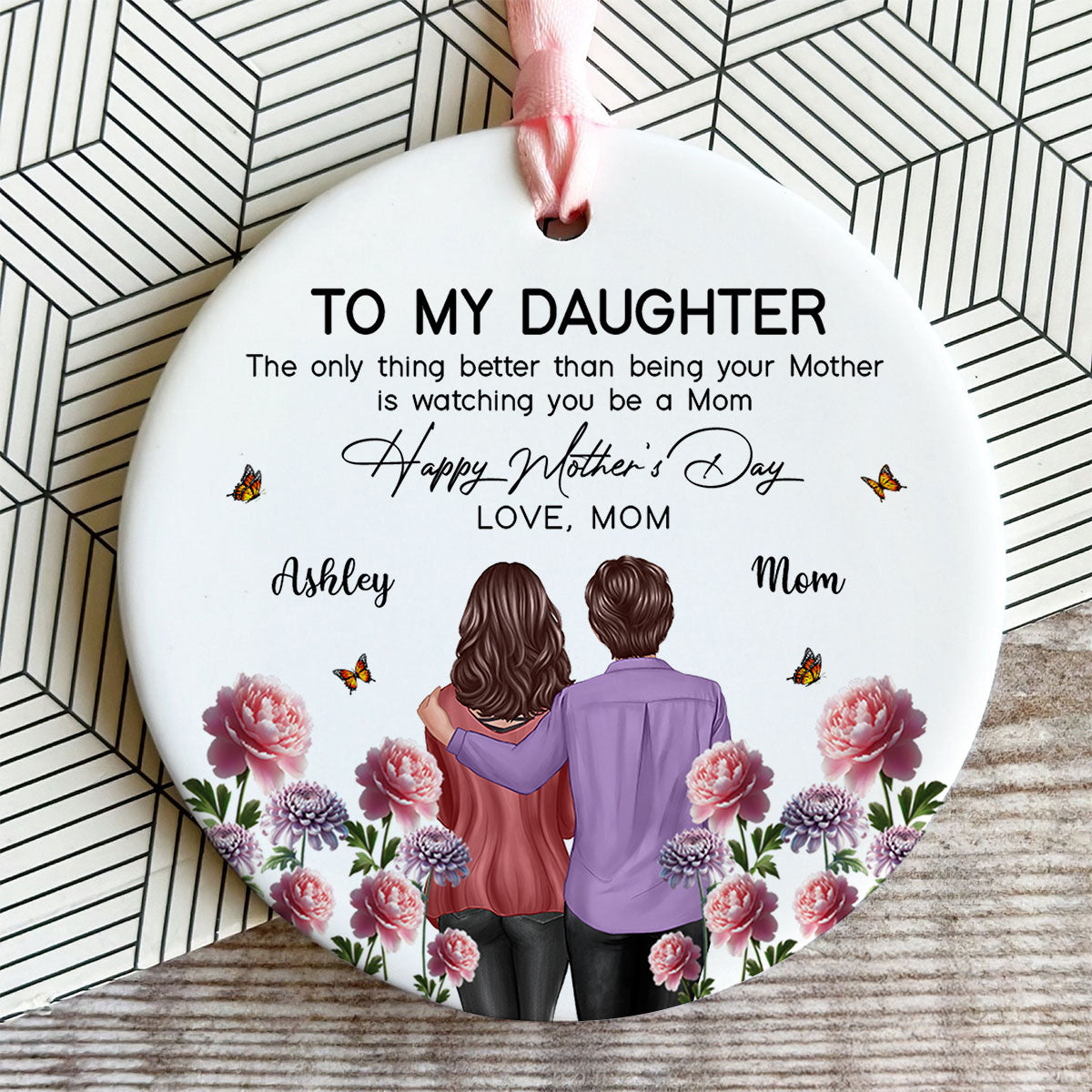 To My Daughter From Mom Happy Mother's Day Birth Flower Personalized Ceramic Ornament, Gift For Daughter | Made In The USA