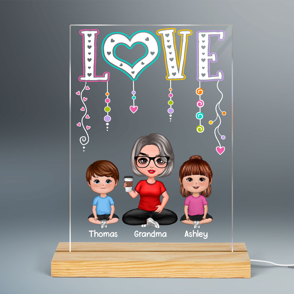 LOVE Doll Grandma Mom With Kids Sitting Personalized Rectangle Acrylic Plaque LED Night Light