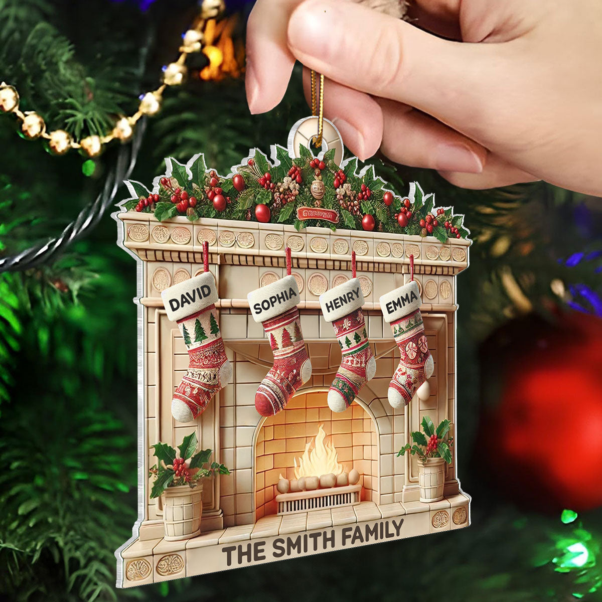 Christmas Retro Fireplace Family Christmas Stockings On Mantel 3D Effect Personalized Acrylic Ornament