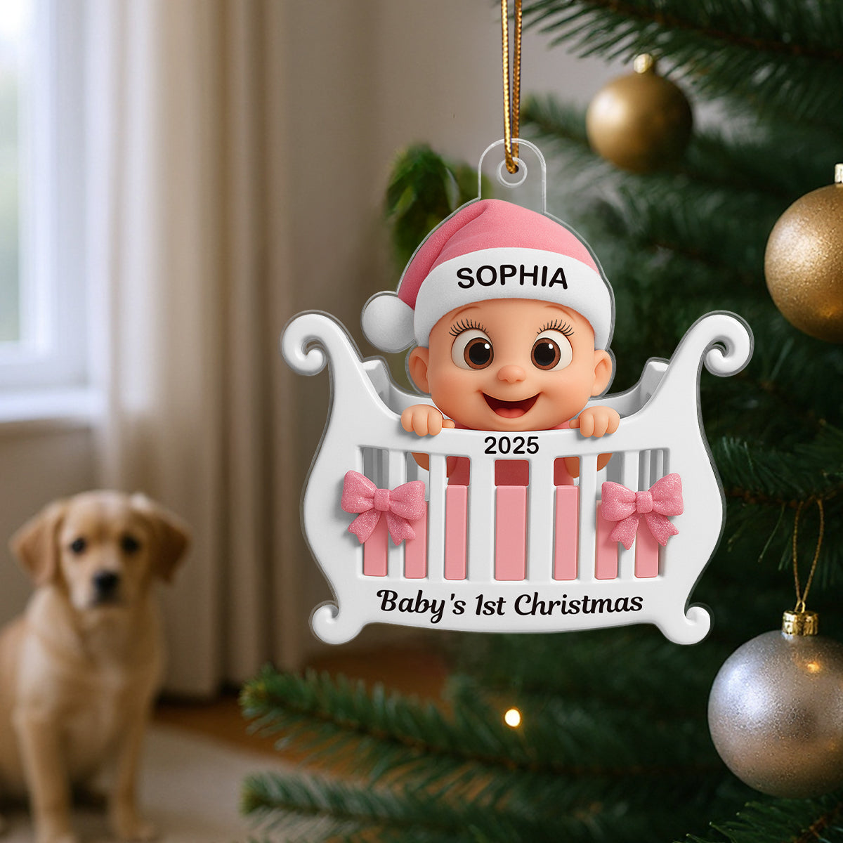 3D Effect Cute Cartoon Baby In Crib Baby's 1st Christmas Personalized Acrylic Flat Ornament