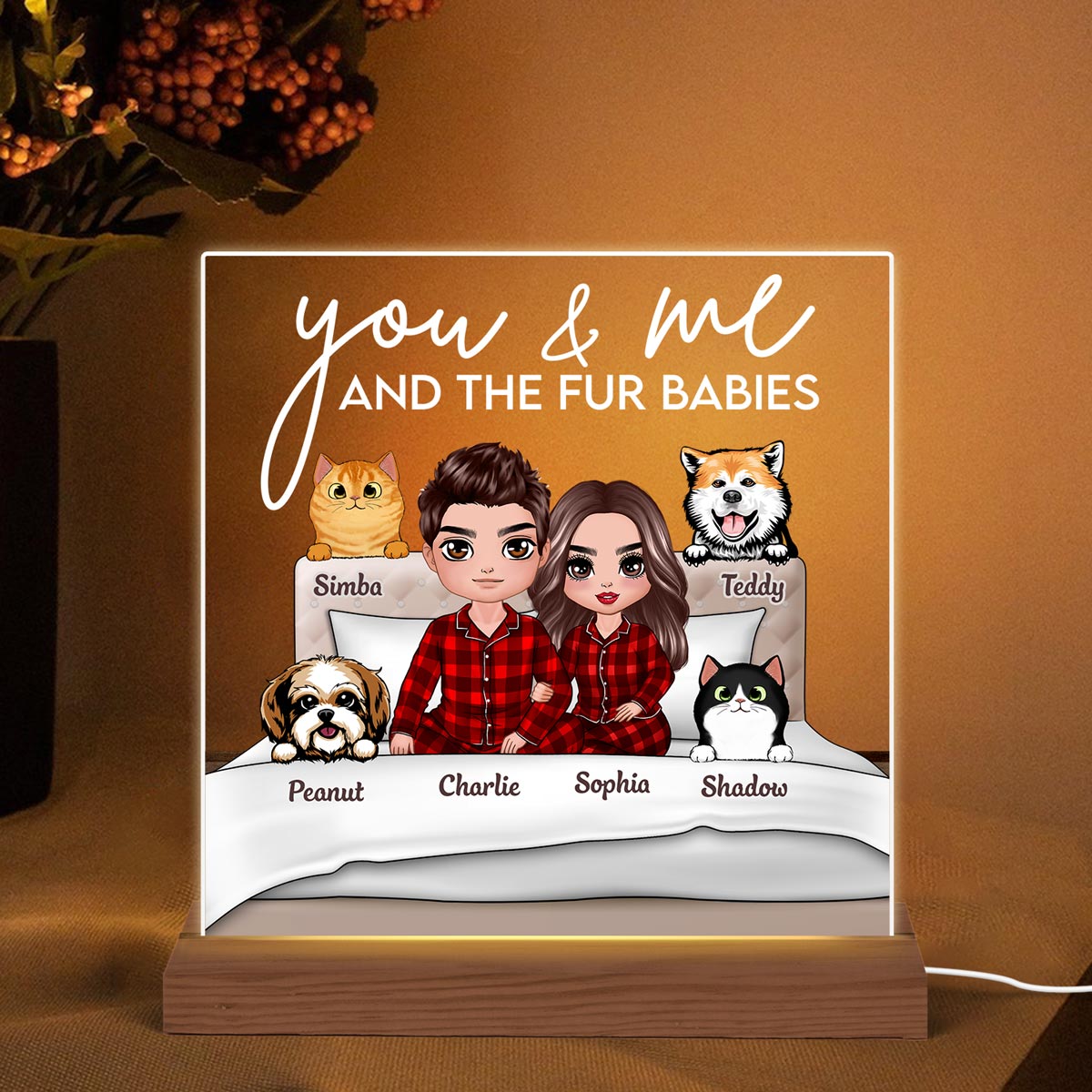 You Me And Fur Babies On Bed Personalized Custom Shape LED Night Light