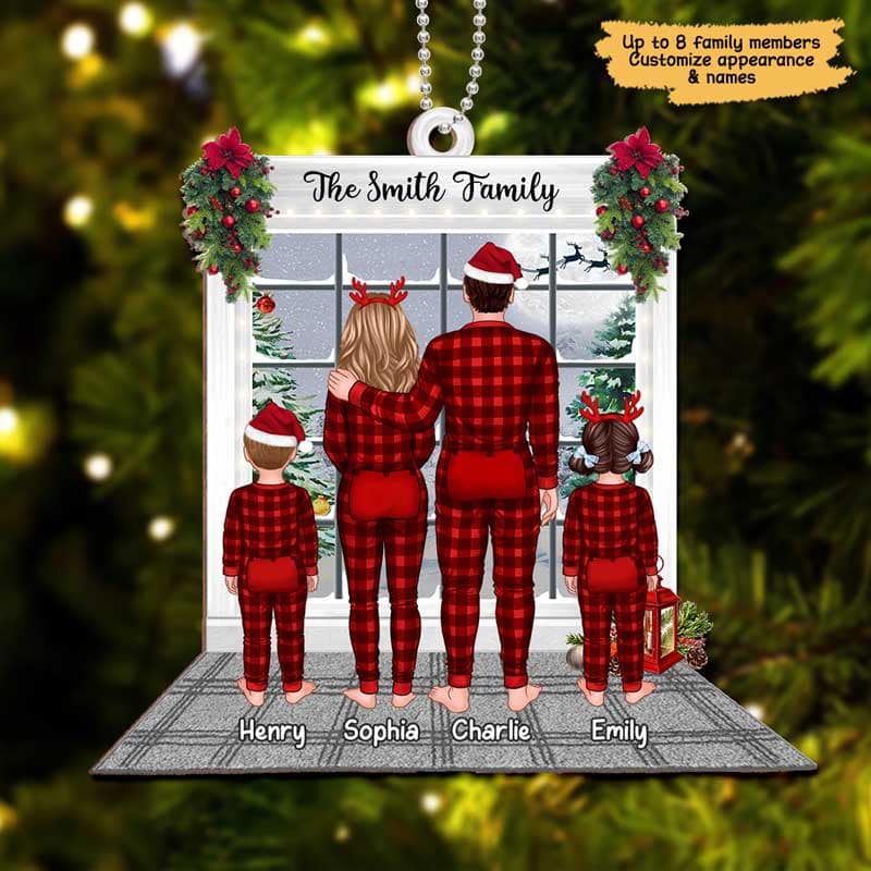 Family Pajamas Christmas By Window Personalized Wooden Ornament