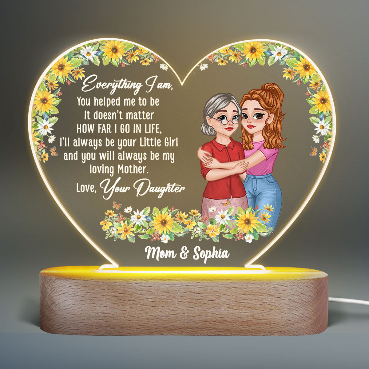 I‘ll Always Be Your Little Girl Mother Daughter Hugging Cartoon Personalized Acrylic Heart Plaque With LED Night Light