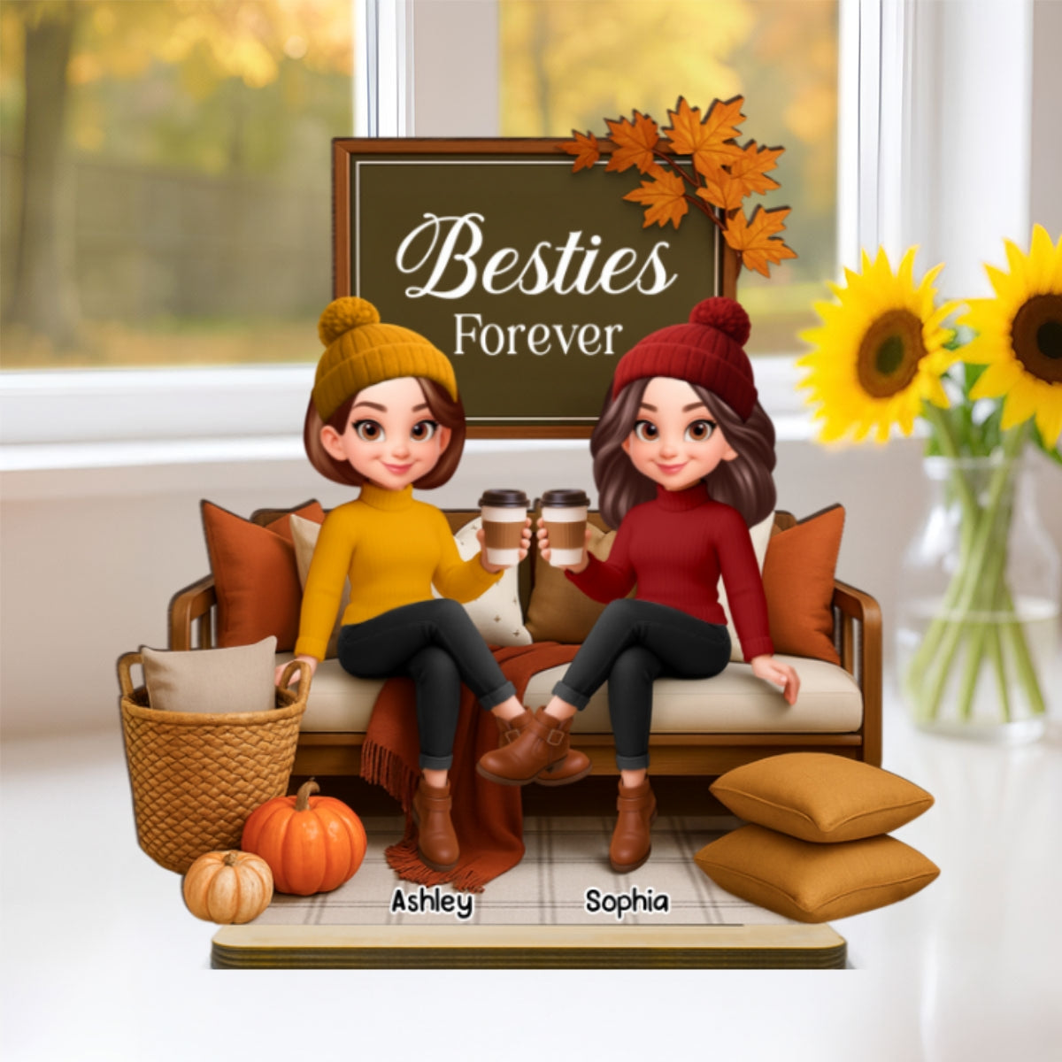 Fall Season Besties Sisters Sitting On Cozy Sofa Personalized Standing Wooden Plaque