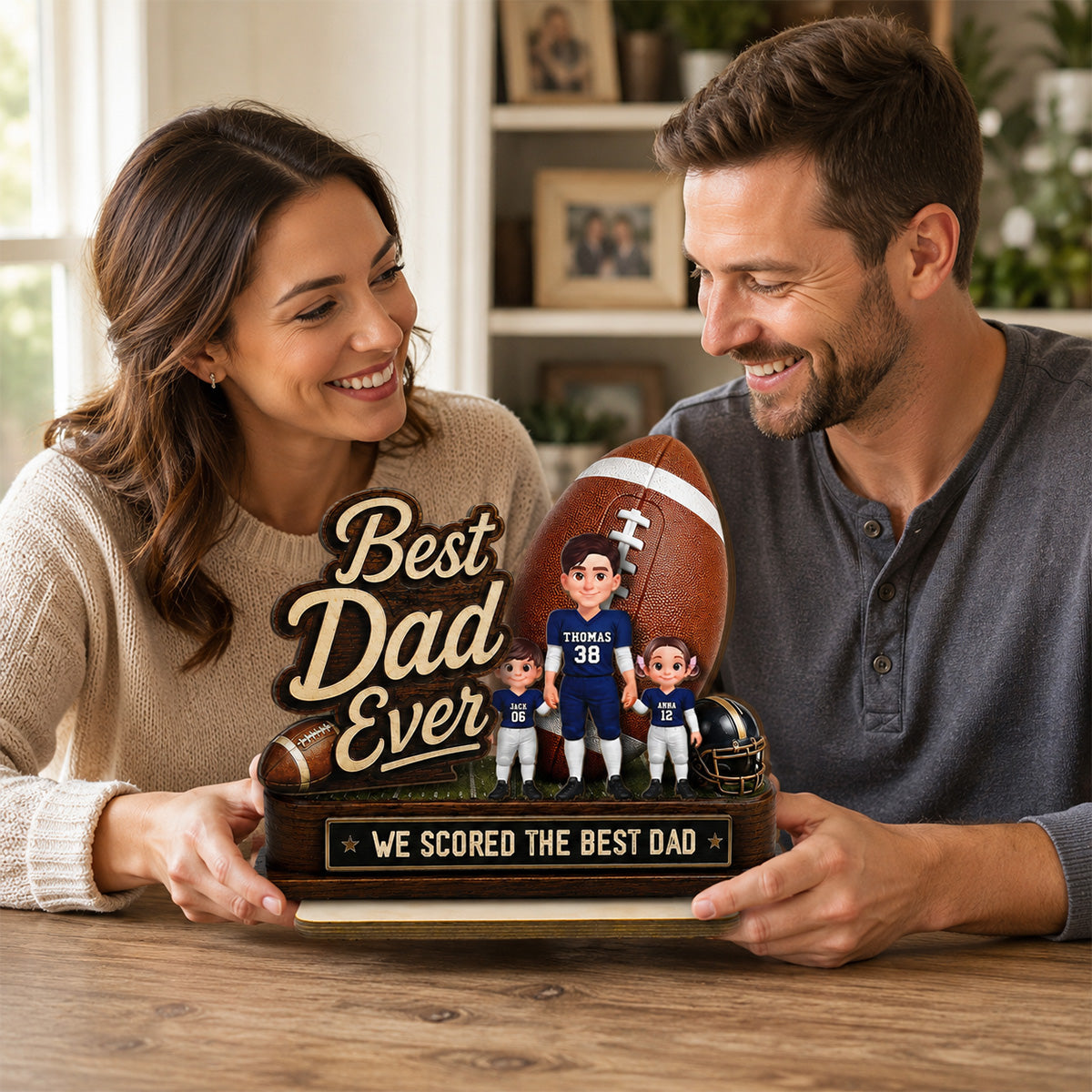 We Scored The Best Dad American Football Dad & Kids - Personalized 2-Layered Wooden Plaque - Father's Day Gift For American Football Dad