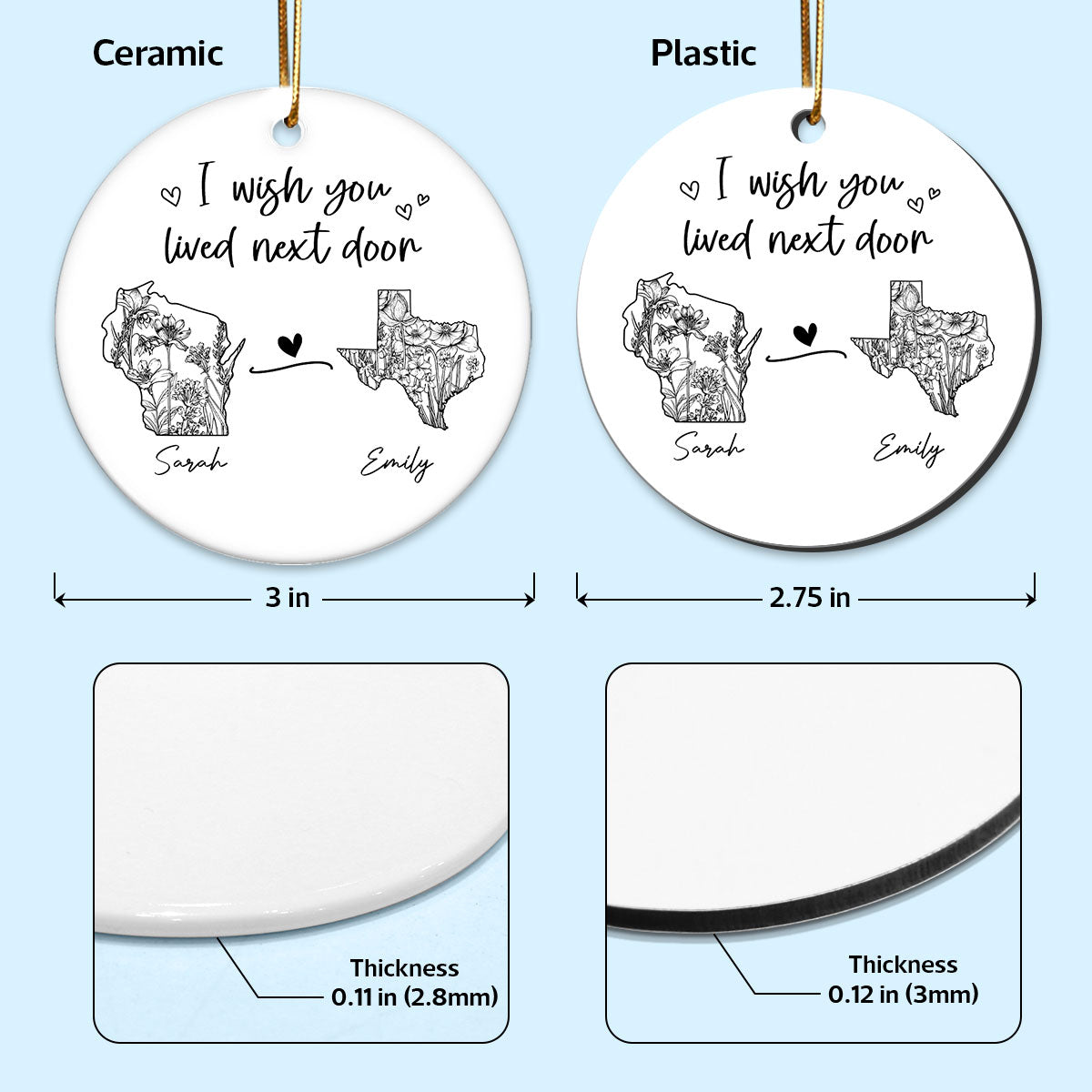Togetherness Keepsake Long Distance Outline Wildflower State Map Personalized Ceramic Ornament