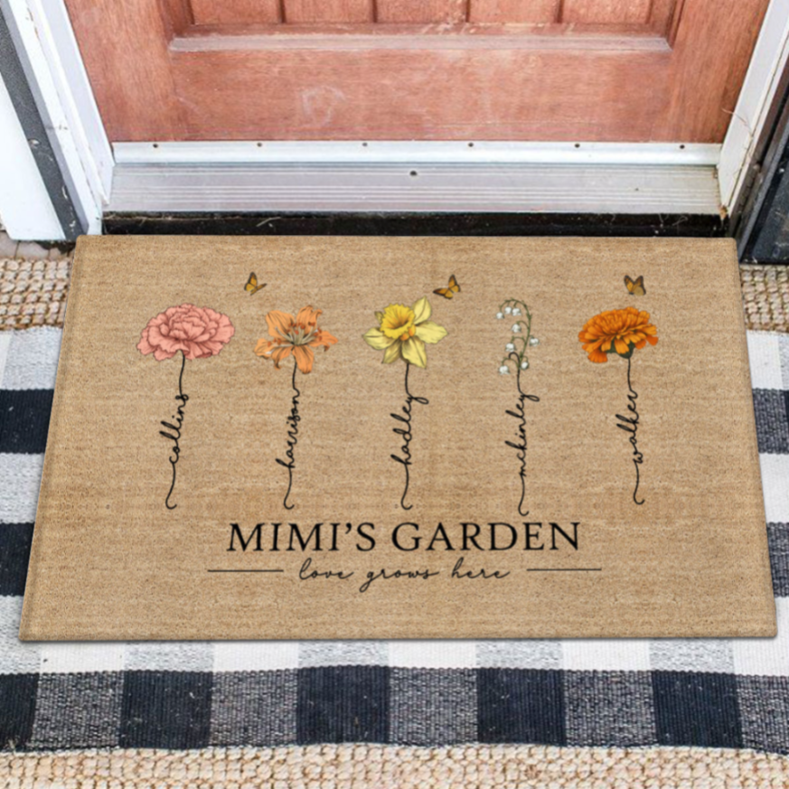 [FREE DELIVERY - Limited time offer] Grandma‘s Garden Love Grows Here Vintage Birth Flowers Swirl Name Personalized Doormat, Gift For Her, Mom, Grandma