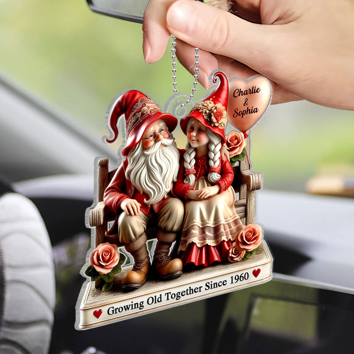 3D Effect Gnome Old Couple Sitting On Bench Personalized Car Hanger Ornament, Valenine's Day Gift For Couple, For Him, For Her, Husband, Wife
