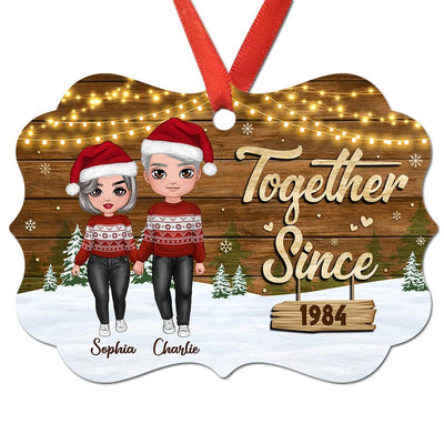 Couple Standing In Snow Wood Background Personalized Christmas Ornament