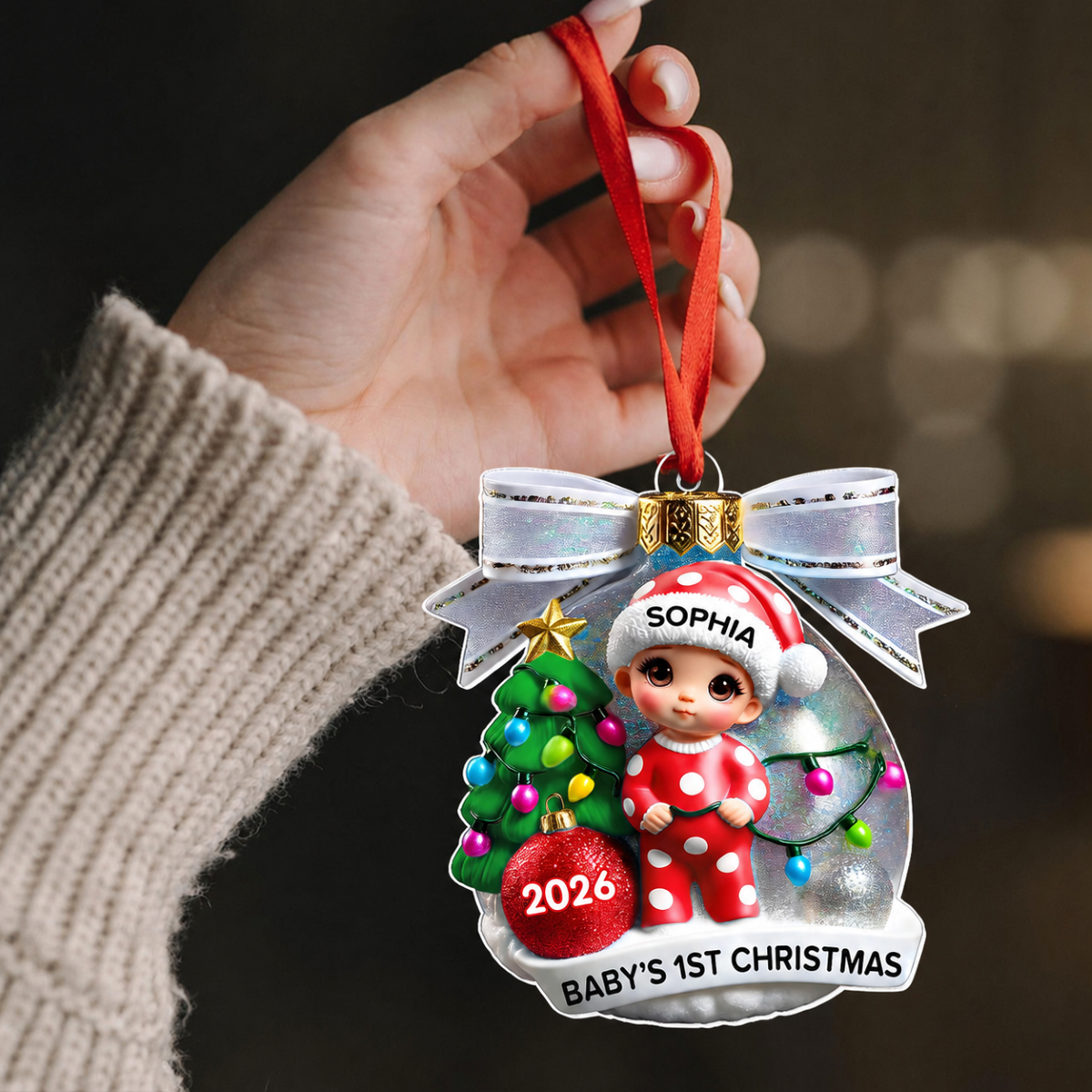 Baby First Christmas 3D Effect Personalized Acrylic Ornament, Christmas Tree Bow, New Parents Keepsake, Gift for Newborn