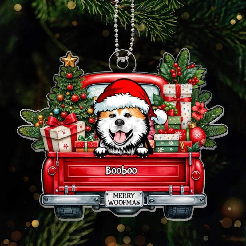Merry Woofmas Dogs On Truck Personalized Acrylic Ornament, Christmas Gift For Dog Mom Dog Dad