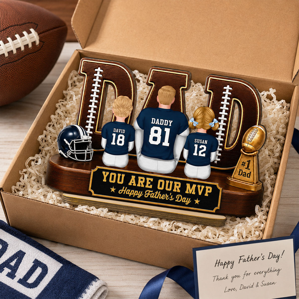 American Football Dad Legend Daddy's Dream Team - Personalized 2-Layered Wooden Plaque - Unique Trending Father's Day Gift For Dad, Husband, Football Fans
