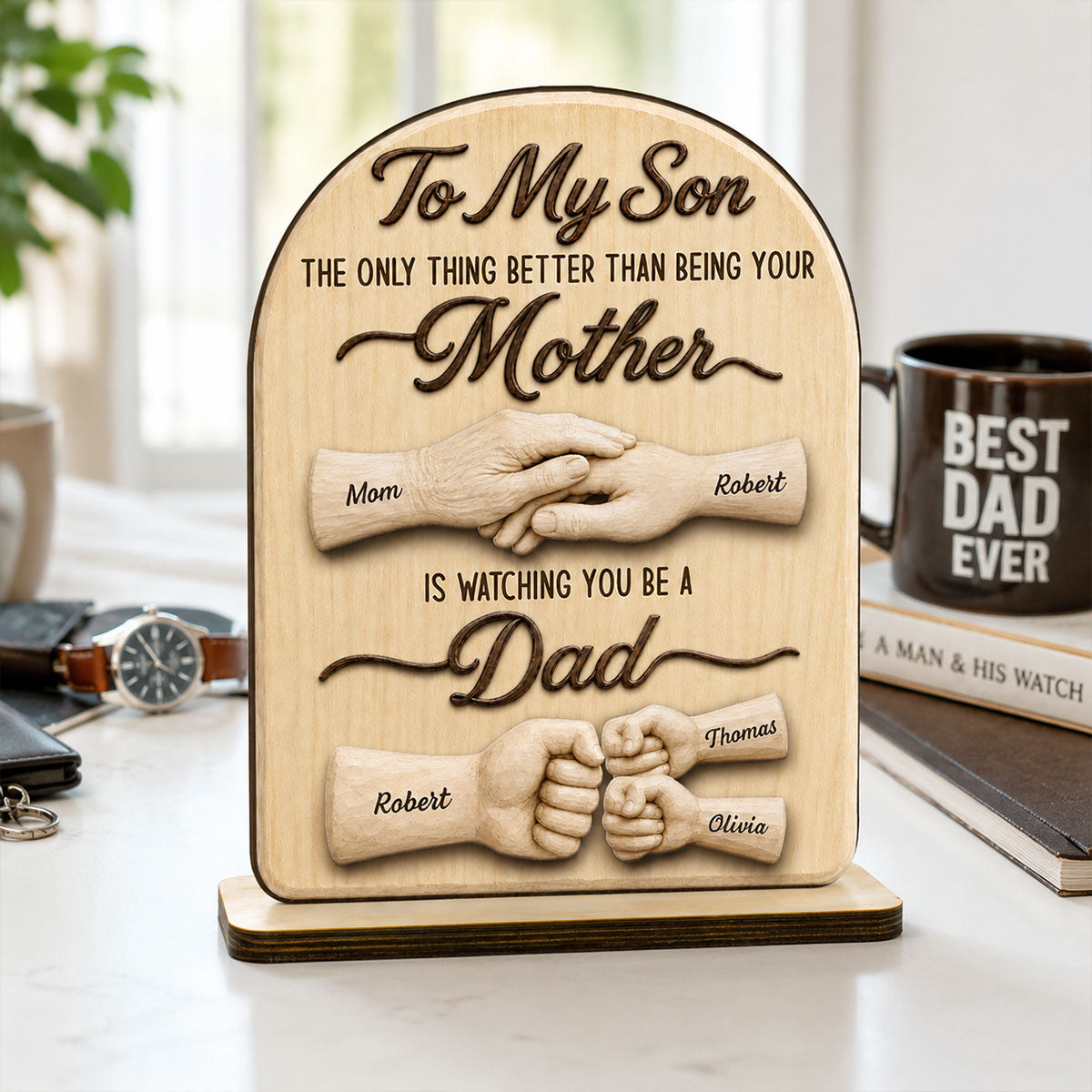 To My Son Watching You Be A Dad From Mom - Personalized 2-Layered Wooden Plaque - Father's Day Gift For Son