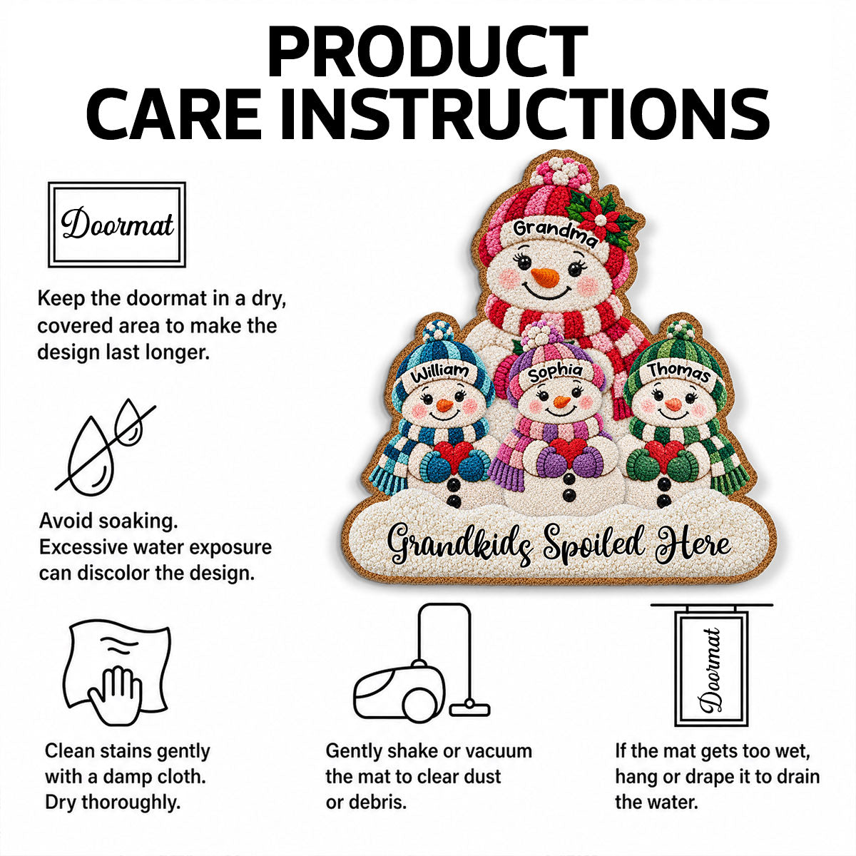 Cute Snowman Grandma & Grandkids 2D Flat Printed - Personalized Doormat - Christmas Decor For Grandma