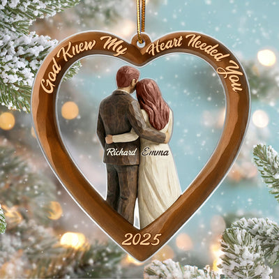Couple Heart Christmas Faux Wood - Personalized Acrylic Ornament - Unique Christmas Gift For Grandma, Grandpa, Old Couple