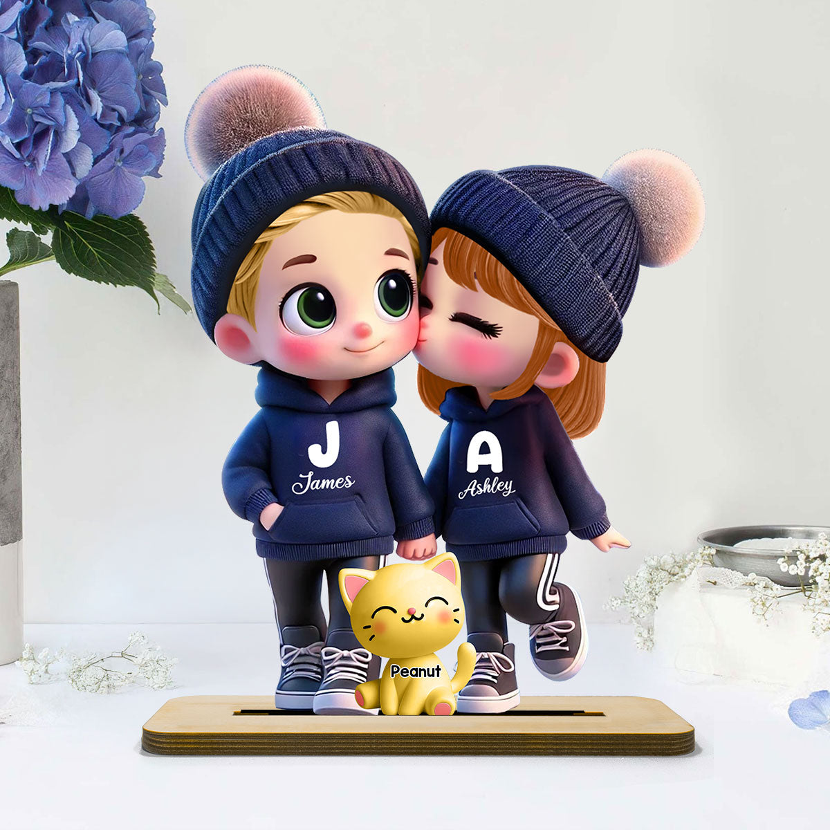 3D Effect Cute Cartoon Couple You Me And The Dog Cat Personalized Standing Wooden Plaque,  Gift for Him, Gift for Her