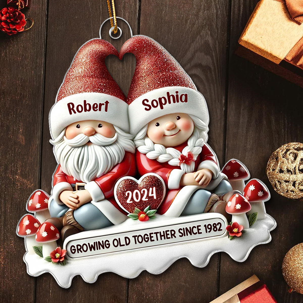 3D Effect Gnome Couple Personalized Acrylic Car Hanger Ornament, Valentine's Gift For Him, For Her, Husband, Wife