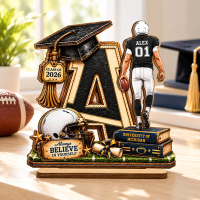 Football Graduation Custom Initial - Personalized 2-Layered Wooden Plaque - Class of 2026 Senior Gift, Christmas Gift for Son, Grandson, for Him