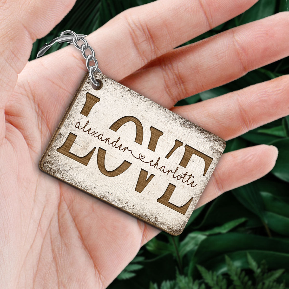 Couple Love Wooden Tree Cut Through Personalized Wooden Keychain