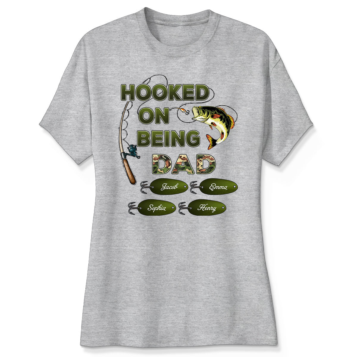 Hooked On Being Dad Grandpa Fishing Camouflage Personalized Shirt, Gift For Dad, Husband, Grandpa