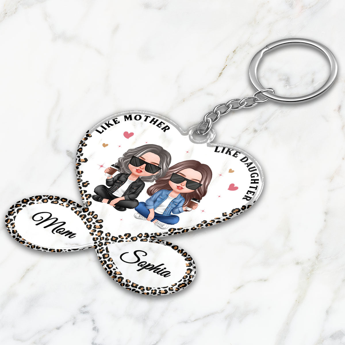 Leopard Heart Infinity Mother Daughters Personalized Acrylic Keychain