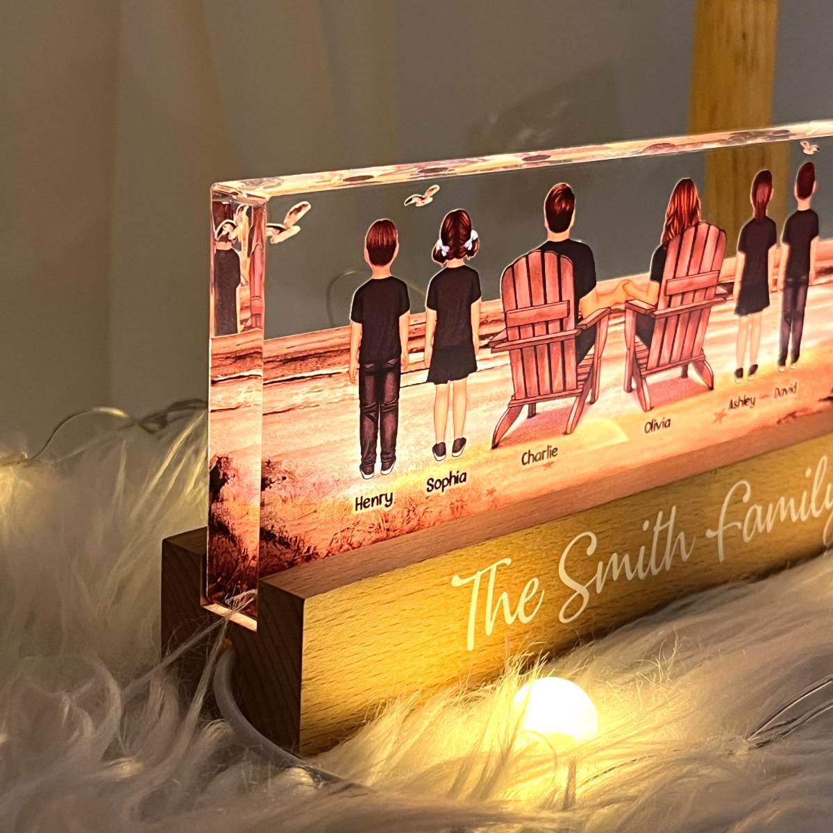 Family At Beach Retro Vintage Personalized Acrylic LED Night Light, Father's Day Gift For Dad, Gift For Husband, Wife