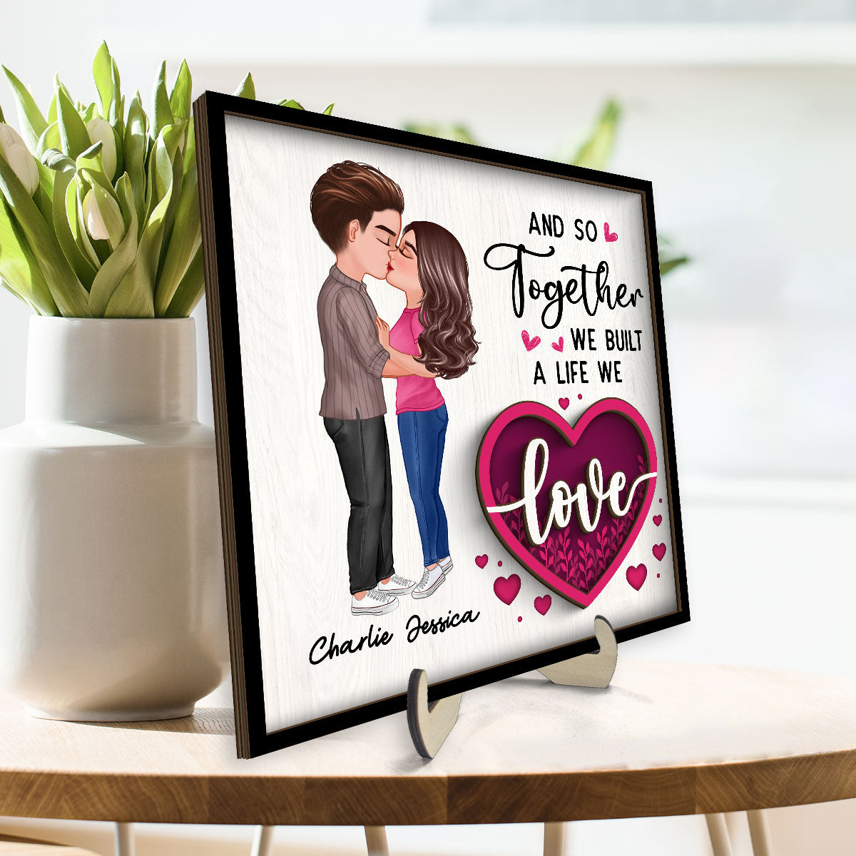 Couple Kissing Pink Heart Valentine‘s Day Gift For Him For Her Personalized 2-Layer Wooden Plaque