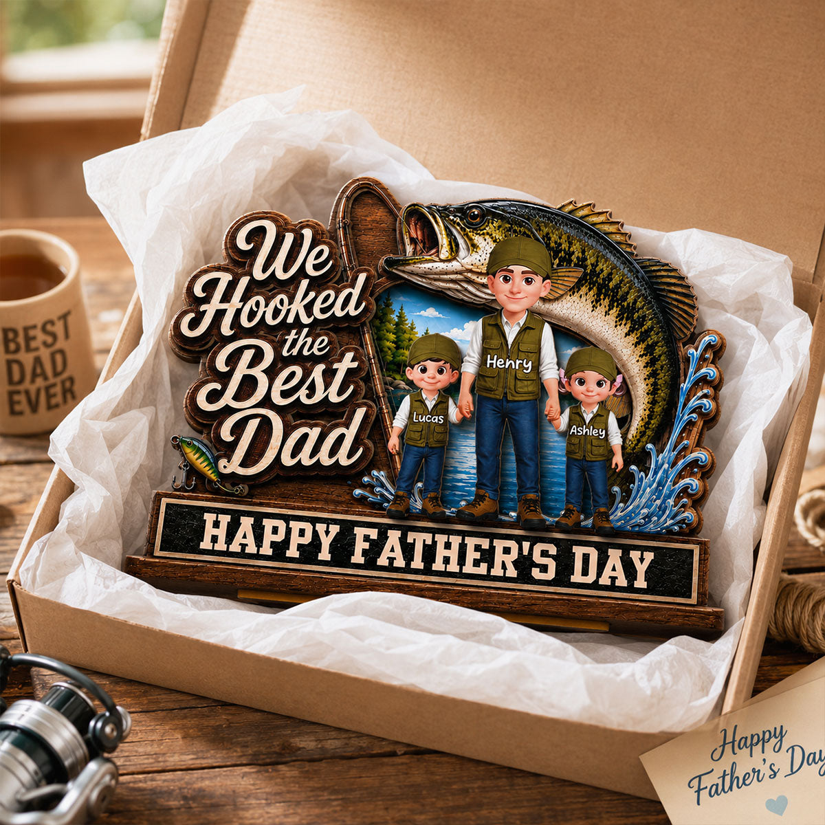 We Hooked The Best Dad Fishing Man & Kids 2D Flat - Personalized 2-Layered Wooden Plaque - Father's Day Gift For Fishing Dad