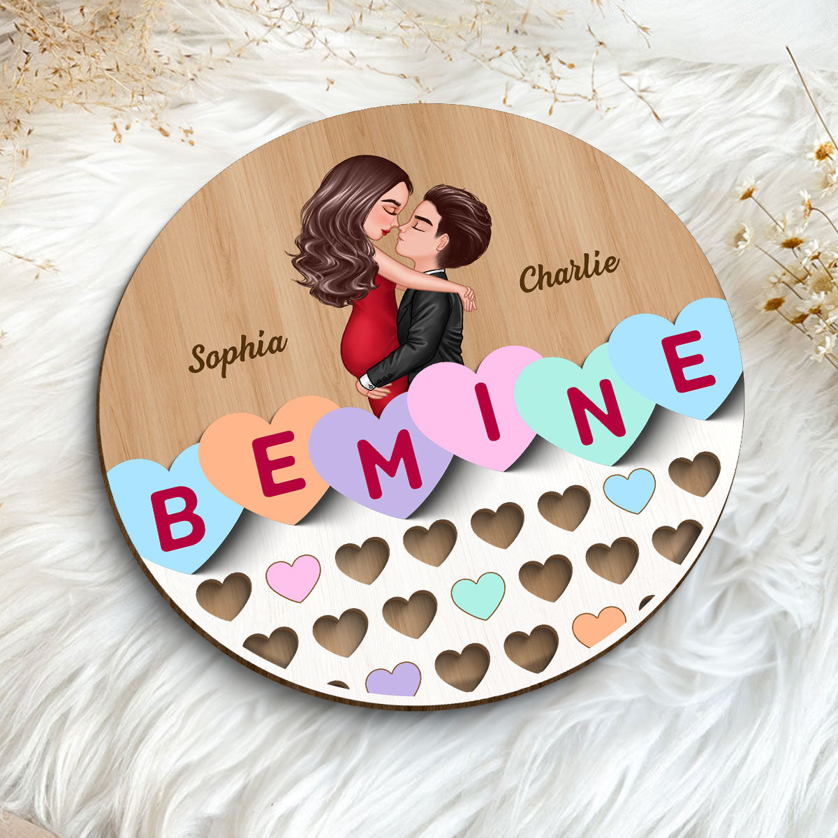 Be Mine Conversation Heart Couple Kissing Personalized 2-layer Wooden Plaque, Gift For Him, For Her