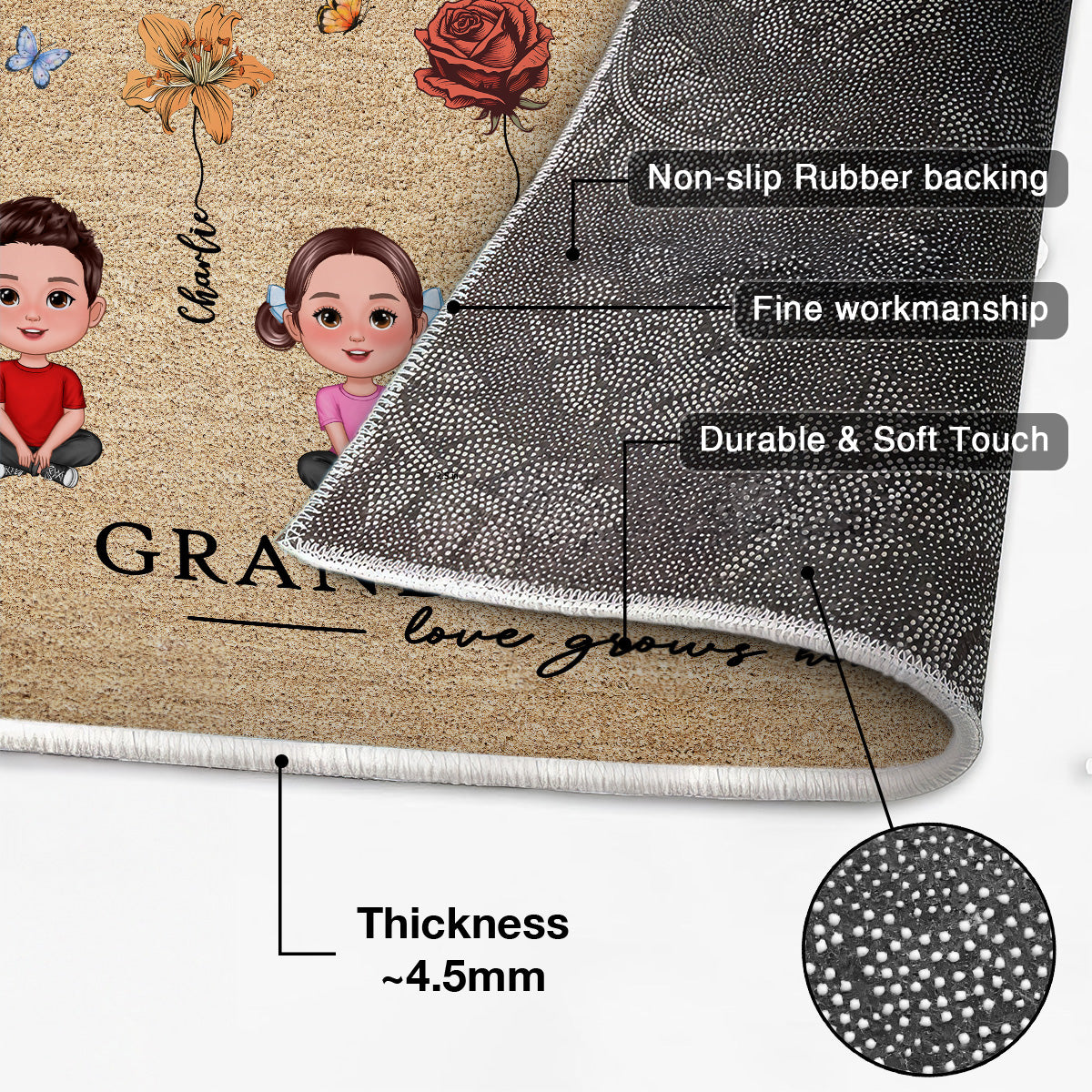 Love Grows Here Grandma Garden Birth Month Flowers Grandkids Crossed Legs Personalized Doormat