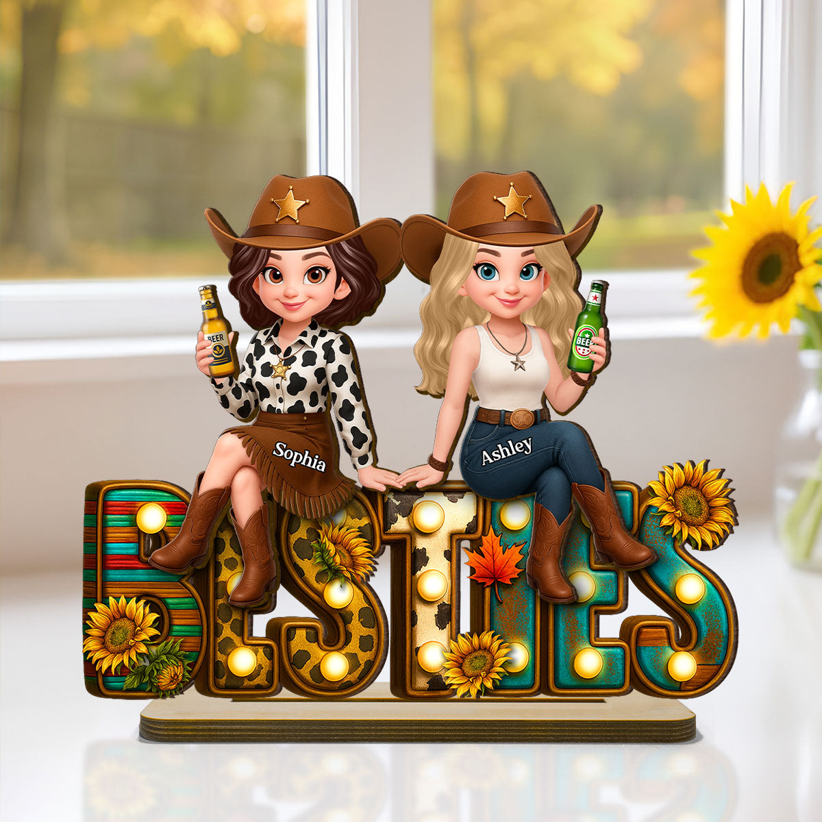 Leopard Marquee Western Besties Personalized Wooden Plaque - Fall Gift for Best Friends