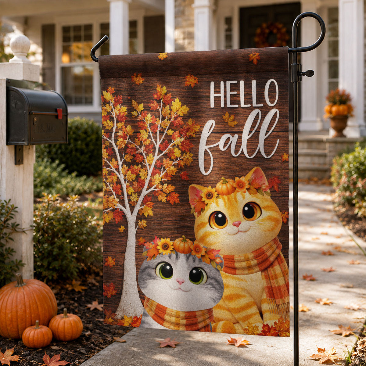 Hello Fall 'Tis the Season Cute Cats - Personalized Garden Flag - Fall Decor for Cat Lovers