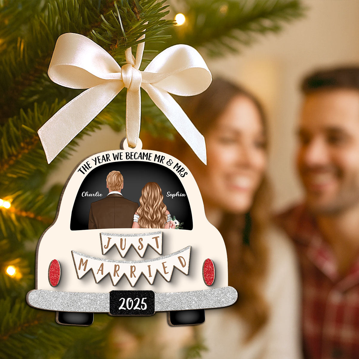 Groom & Bride In Car Personalized 2-Layer Wooden Ornament | Just Married Newlyweds Marriage Keepsake