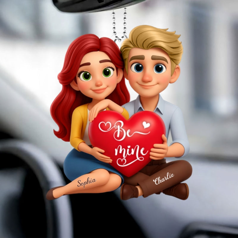 Eternal Love Cartoon Couple Sitting - Personalized Acrylic Car Hanger - Sentimental Gift for him, for her