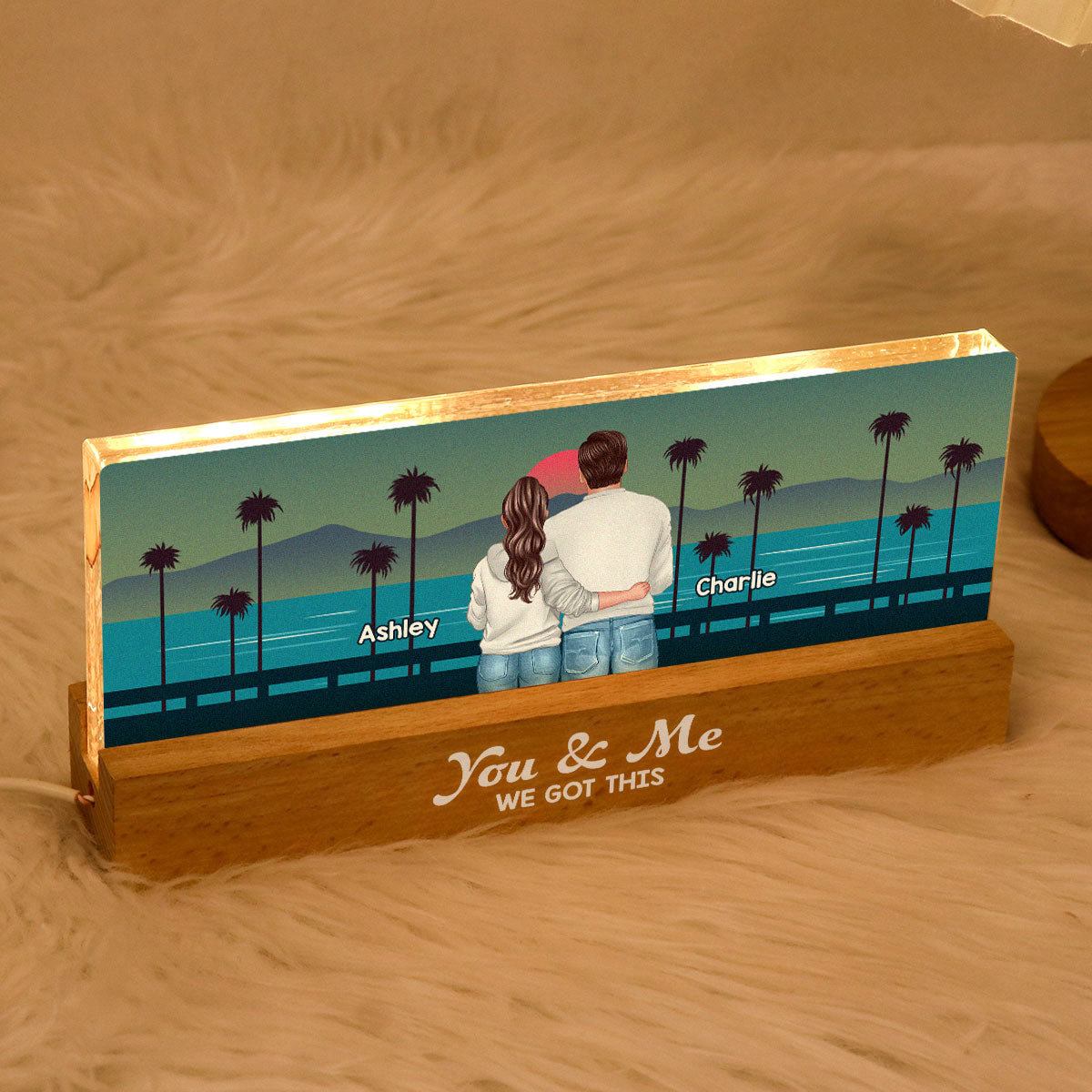 Retro Back View Couple Standing Hugging Personalized Acrylic Block LED Night Light
