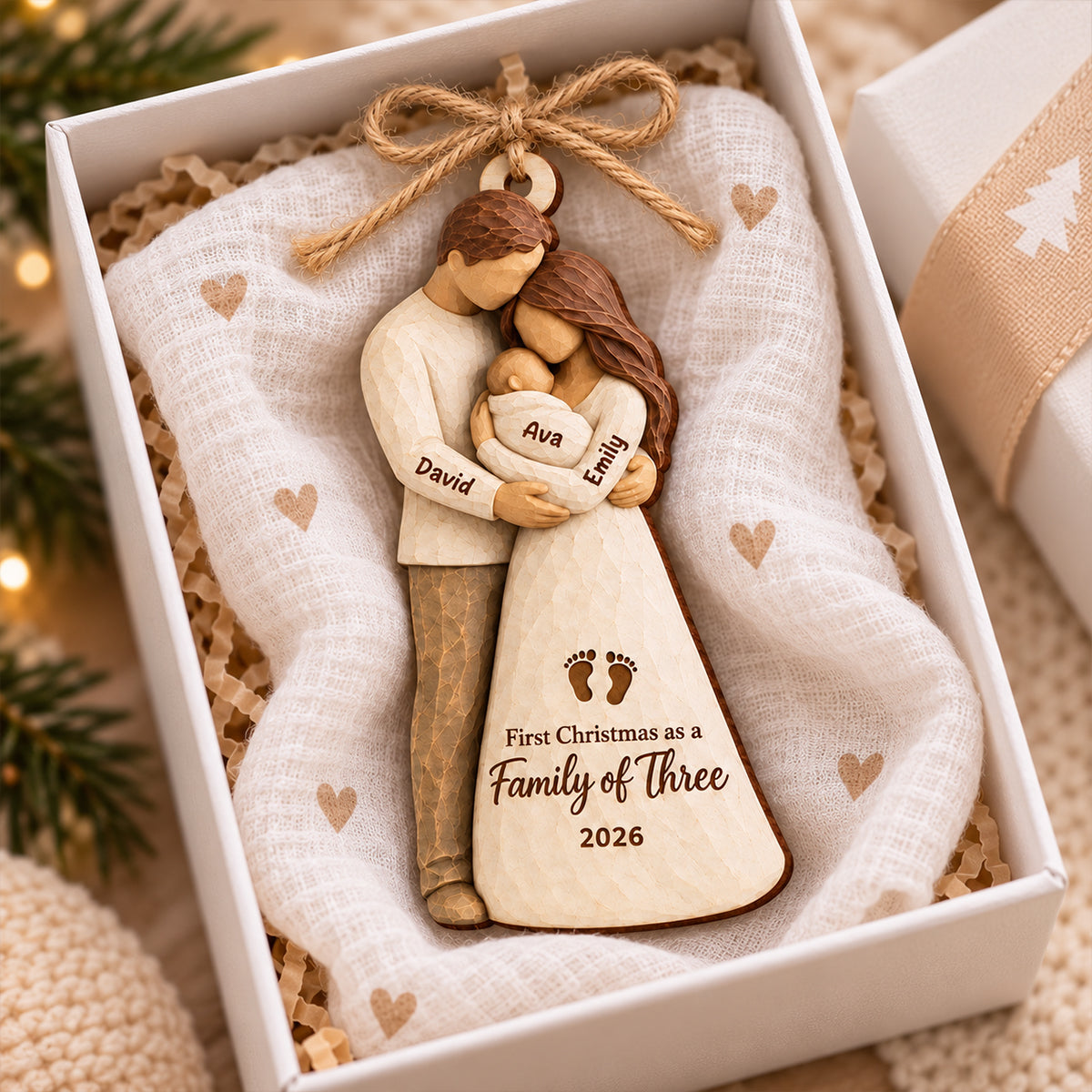 Family Of Three Standing 2D Flat Printed - Personalized Wooden Ornament - First Christmas Keepsake For New Parents