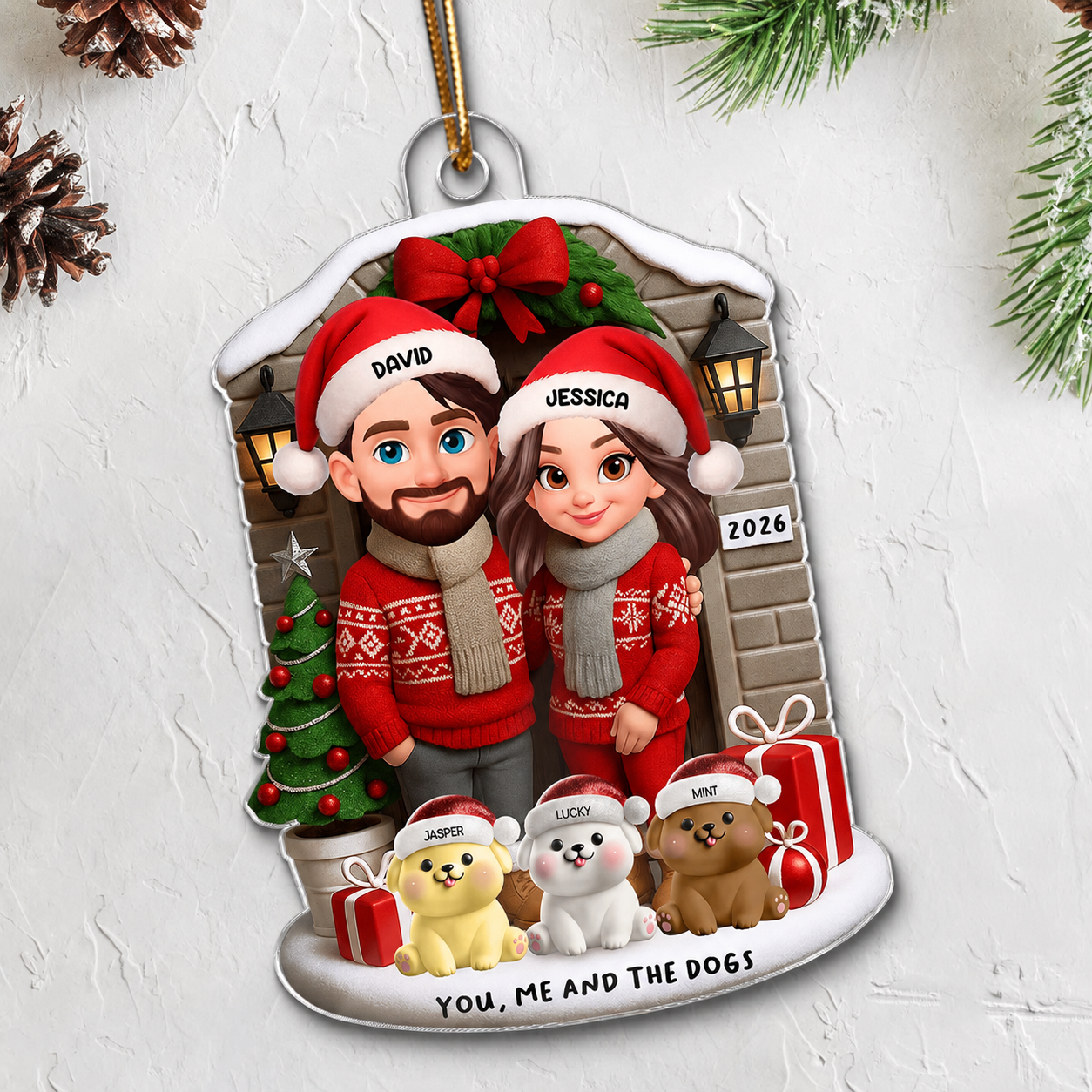 Joyful Couple And Dogs Cats Christmas - Personalized Acrylic Ornament