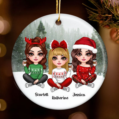 Realistic Winter Scene Besties Sisters Personalized Ceramic Ornament, Christmas Gift for Besties, Sisters, Friends