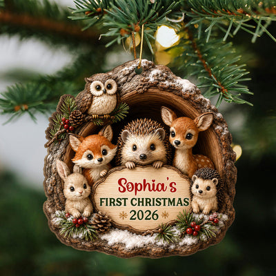 Baby First Christmas Woodland Animal - Personalized Wooden Ornament - Christmas Gift For Newborn Baby