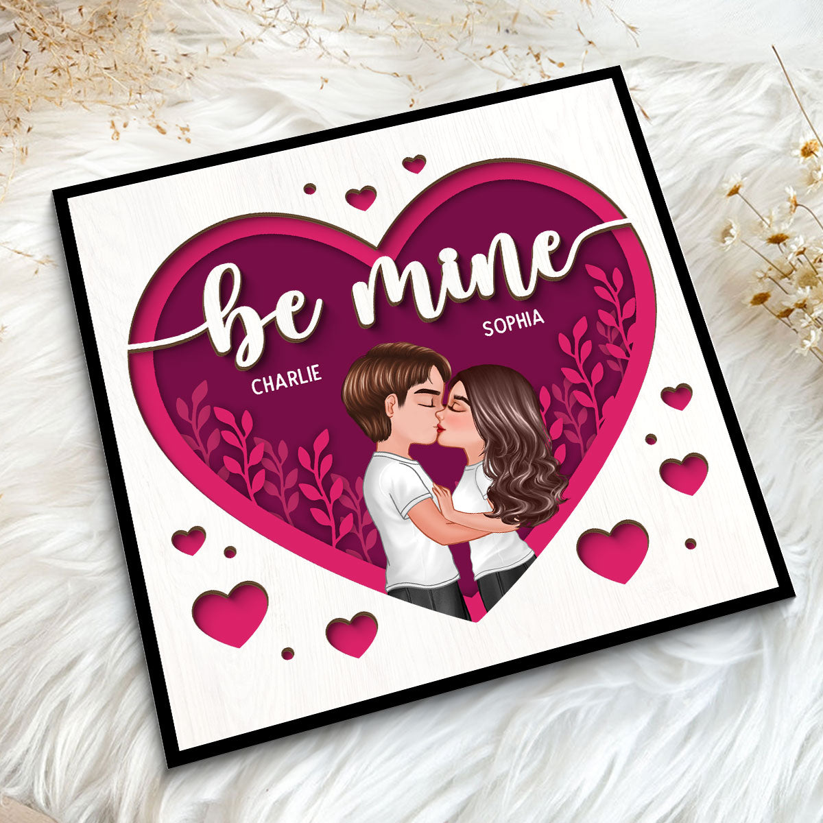 Pink Heart Couple Kissing Valentine‘s Day Gift For Him For Her Personalized 2-Layer Wooden Plaque