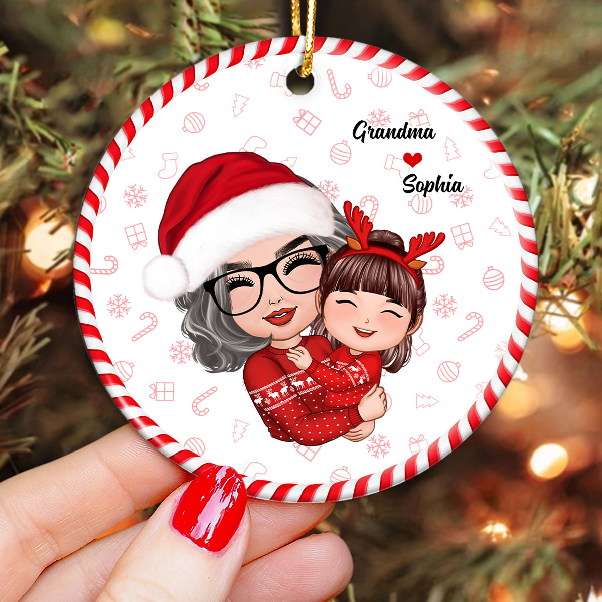 Christmas Pattern Doll Grandma Mom Hugging Kid Gift For Granddaughter Grandson Personalized Circle Ornament