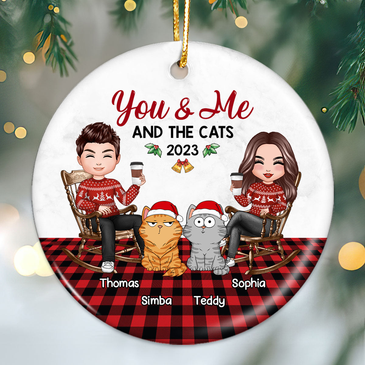 You Me & The Cats Doll Couple Checkered Pattern Personalized Circle Ornament