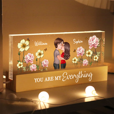 Couple Kissing Birth Month Flower Personalized Acrylic Block LED Night Light, Heartfelt Gift For Couple, For Her